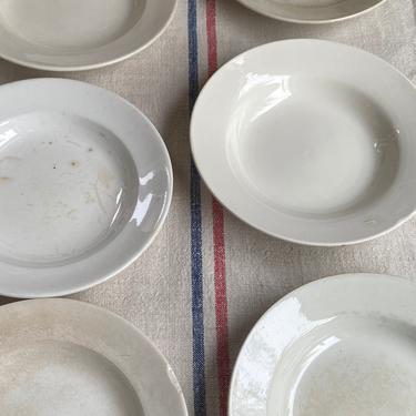 Beautiful set of 6 vintage tea stained French ironstone soup plate- TSP6 