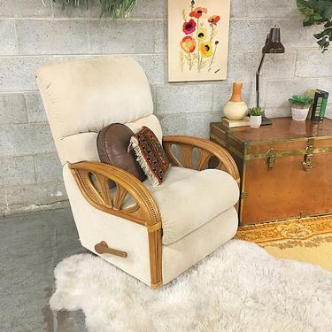 LOCAL PICKUP ONLY Vintage La-Z-Boy Recliner Retro 1970s Brown Woven Detail Boho Rattan Frame Rocker + Recliner with Beige Chenille Fabric 