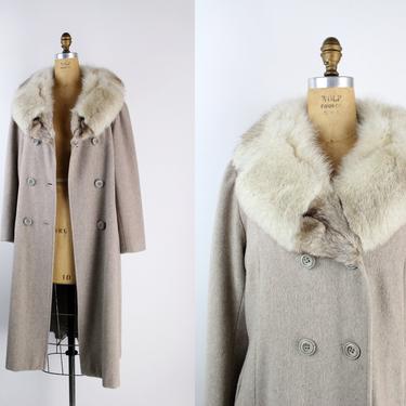 60s Oatmeal Fur Coat / Winter Coat/ Real Fur Collar Coat / Fur Trim Coat / 50s Coat / Princess Coat / Wool Coat / Size M/L 