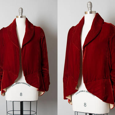 Vintage 1930s Jacket | 30s Red Silk Velvet Draped Sleeves Short Evening Jacket Opera Coat (xs/small) 
