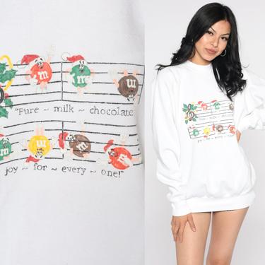 Christmas M&amp;Ms Sweatshirt Xmas Shirt Musical Note Sweater Candy Sweatshirt 80s Jumper 90s Vintage Raglan Sleeve Medium Large 
