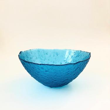 Mid Century Textured Blue Glass Salad Bowl 