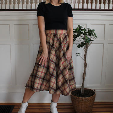 Vintage 70s Young Pendleton Tan Plaid Full Wool Skirt Women's Size S 