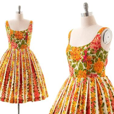 Vintage Style Sundress | Modern 1950s Inspired Floral Striped Cotton Fit and Flare Orange Pink Day Dress with Pockets (x-large) 
