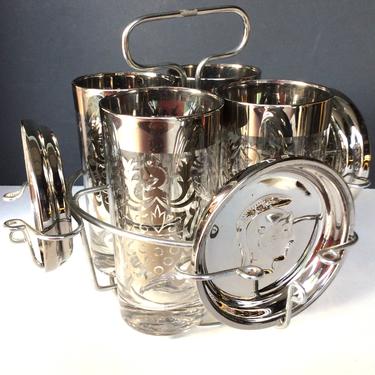 Mid Century Modern Kimiko Highball Set with Caddy and Coasters with Sterling Trim - Guardian Shield! 