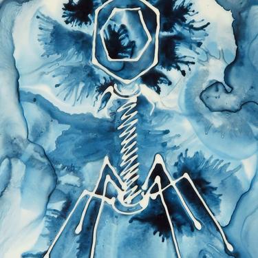 Indigo Bacteriophage: Original Ink painting on Yupo (poly paper) Science Art 