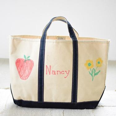 Vintage L.L. Bean Boat &amp; Tote Bag Nancy Hand Drawn Strawberry | Cream and Navy Blue | 