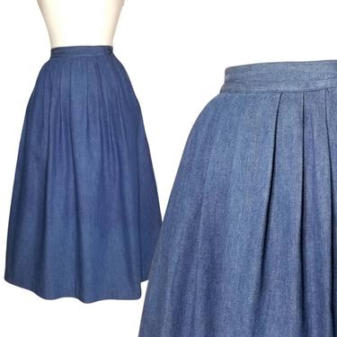 Vintage Blue Chambray Skirt, Medium / Pleated Prairie Skirt / Country Swing Skirt / Cottagecore Style Skirt Flared Midi Skirt / Summer Skirt 