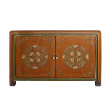 Chinese Distressed Orange Green Flower Graphic TV Console Cabinet cs5777S