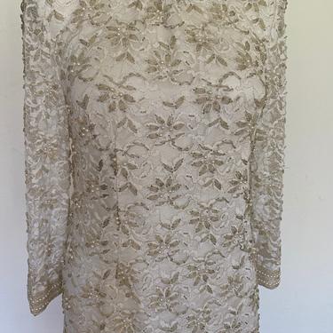 60s 70s Vintage British Hong Kong sequin dress, white beaded lace wedding dress, vintage embellished mini dress, long sleeves size small 6 