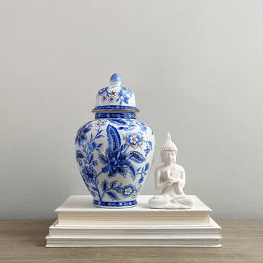 Blue White Chinese Ginger Jar Small Hand Painted Chinoiserie Decor 