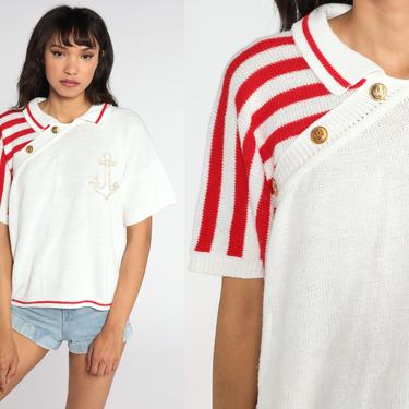 Anchor Sweater Top 80s Knit Shirt Striped Nautical Shirt Short Sleeve Sweater Yacht White Red Sailor Retro Striped Collared Large 