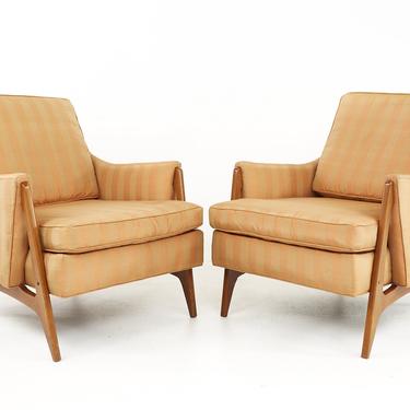 Harvey Probber Style Mid Century Walnut Lounge Chairs - A Pair - mcm 