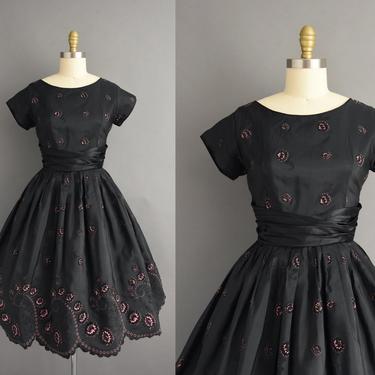vintage 1950s | Gorgeous Jet Black Pink Floral Flocked Velvet Full Skirt Cocktail Party Cupcake Dress | Medium | 50s dress 