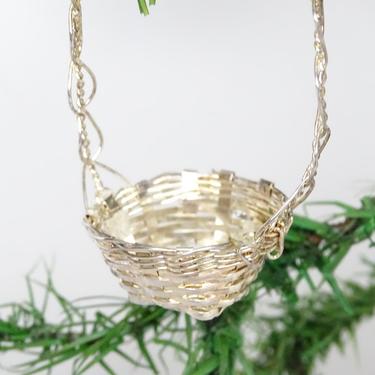 Vintage Christmas Basket with Handle Ornament,  Woven Silvered Brass Candy Container 