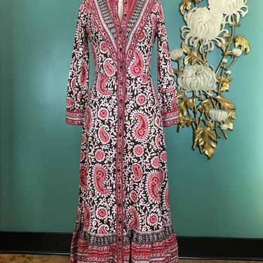 1970s Indian dress, vintage 70s dress, block print cotton, bohemian style, batik dress, hippie dress, festival style, size small, 26 waist 