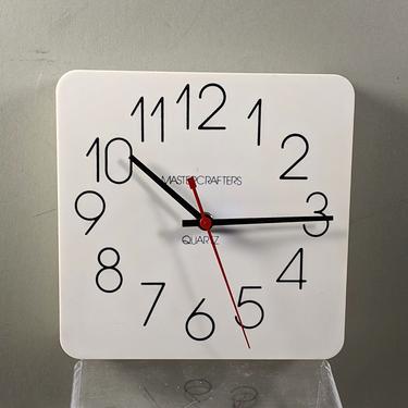 Mastercrafters Wall Clock 8 in Square White Plastic Black Letters Hour Minute Hands Red Second Hand USA Quartz Movement Authentic Vintage 