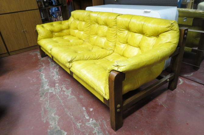 Employer Prehistoric Oar Vintage Mid century modern 3 seat gold vinyl sofa from Lincoln Antique Mall  of Chicago, IL | ATTIC