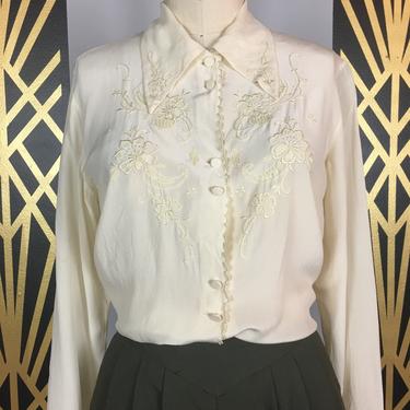 1970s silk blouse, cream vintage shirt, embroidered blouse, 1940s style, button up, long sleeve top, Chinese style, 70s does 40s, 38 bust 