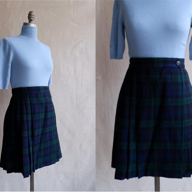 Vintage 80s Tartan Pleated Mini Skirt/ 1980s High Waisted Green Blue Plaid Short Wrap Skirt/ School Uniform/ Size 28 Medium 