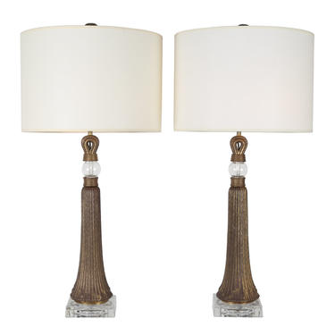 Pair of Table Lamps in Etched Bronze and Glass 1950s