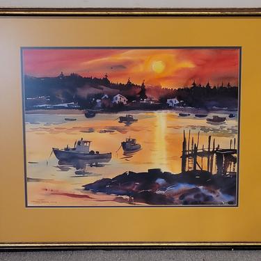 Mid-Century Modern Carver's Harbor, Maine Watercolor Painting by K. Forbes