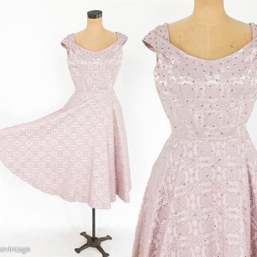 1940s Pink Brocade Rhinestone Party Dress | 50s Pink Cocktail Dress | Kramer Original | Medium 
