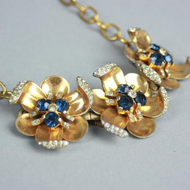 1940s LARGE FLOWER Necklace | Vintage 40s Choker with Blue &amp; Clear Rhinestones 