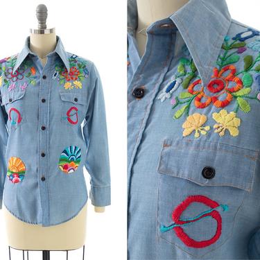 Vintage 1970s Blouse | 70s Embroidered Denim Chambray Blue Floral Hippie Boho Long Sleeve Shirt (x-small/small) 