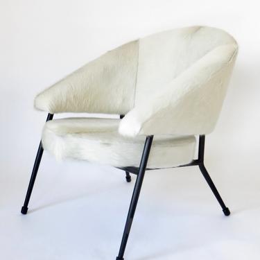 French Black Iron Framed with White Hair on Hide Upholstered Lounge Chair