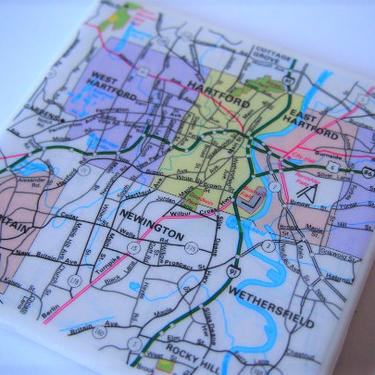 1983 Hartford Connecticut Map Handmade Repurposed Vintage Map Coaster - Ceramic Tile Coaster Repurposed 1983 City Map Atlas OOAK Coasters 
