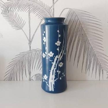 Vintage Toyo Vase, Cherry Blossom, Carved Design, made in Japan, Pastel Iris, circa 70's 