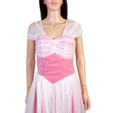 Vintage 50s White And Pink Fit And Flare Prom Dress Size M 