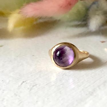 Crystal Ball Amethyst and Solid 14k Gold Carved Pinky Ring 