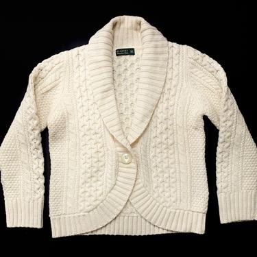 Vintage Women's BLARNEY Woolen Mills Irish Wool Cardigan ~ L to XL ~ Shawl Collar ~ Fisherman Sweater ~ Cable Knit ~ Made in Ireland 