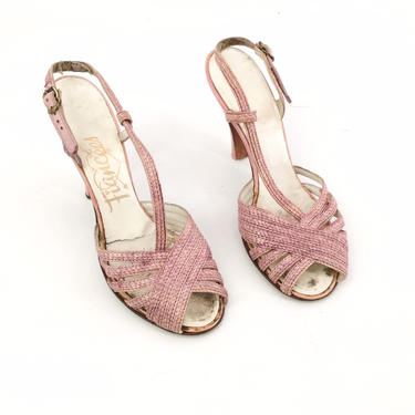 FINAL SALE /// 50s Lavender Purple Woven Peep Toe Heels / 1950s Vintage Pin Up Pumps / Size 6.5 to 7 