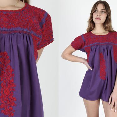 Purple Mexican Top Cotton Oaxacan Tunic Hand Embroidered Blouse Womens Purple Oaxacan Top, Vintage Floral A Line Tunic Blouse 