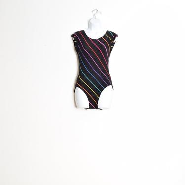 vintage 80s bodysuit black rainbow stripe print one piece workout aerobic XS S clothing top 
