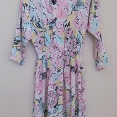 80s Floral Print Dolman Sleeve Dress M 38 Bust 
