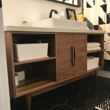FREE SHIPPING ~ NEW Hand Built Mid Century Style Bathroom Vanity - Walnut Double Door w/ 2 shelves and straight leg base. by draftwooddesign