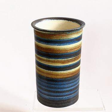 OKELA STONEWARE DENMARK Vase Tall Crock Striped 8x4 Subtle Blues Rust Brown Yellow Tan 1970s Danish Pottery 