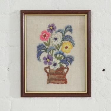 Framed Vintage Flower Crewel Embroidery