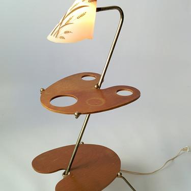 1950 SCULPTURAL TABLE LAMP veneer wood and plated brass mid century era 