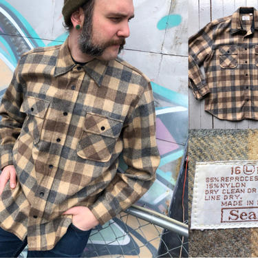 1970s Vintage Sears Wool Plaid Flannel - Brown and Tan - Men’s Size Large by HighEnergyVintage