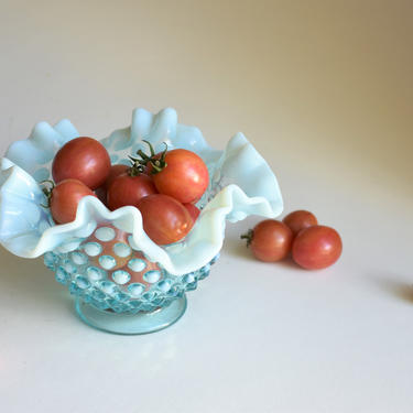 Vintage Fenton Glass Hobnail Blue White Opalescent Bowl Vase | Condiment Server | Trinket Jewelry Candy Dish | Housewarming Birthday Gift 