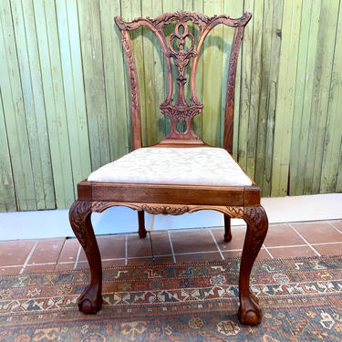 Antique Carved Oak chair w/ fabric seat