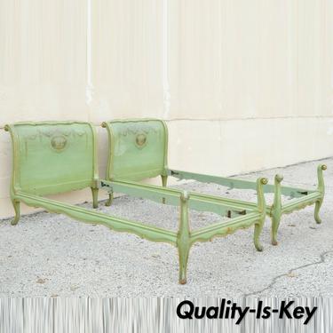 Pair Antique French Louis XV Green Distress Painted European Twin Bed Frames