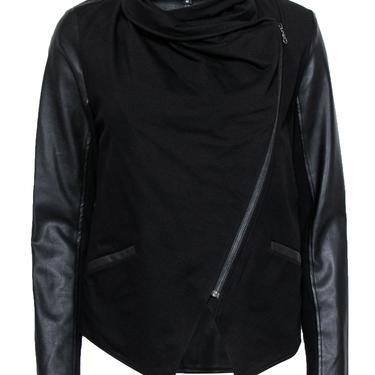 David Lerner - Black Zip-Up Draped Jacket w/ Faux Leather Sleeves Sz M