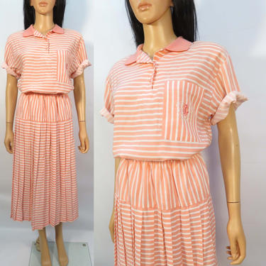 Vintage 80s Salmon Pink Striped Nautical Crest Pocket 2 Piece Skirt Set Made In USA Size 8 M 
