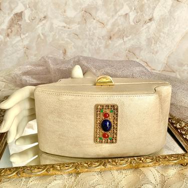 Vintage Leather Clutch Purse, Ornate, Glass Cabochons, Rodo, Made in Italy 